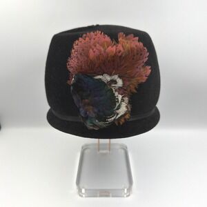 Vintage Bon Marche Black Fur Velour Pillbox Hat w/ Iridescent Pheasant Feathers